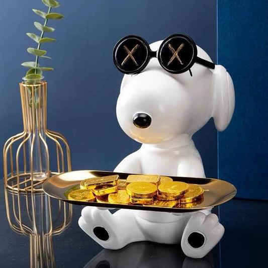 White dog figurine with metal tray