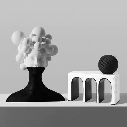 Black and White Female Bust Statue with Bubble Hair - Abstract Surrealist Resin Women Figure, Modern Home Decor Art Accent