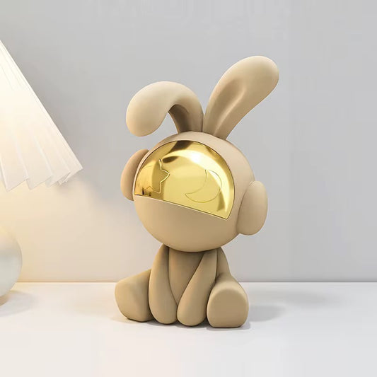 Modern Rabbit Astronaut Statue – Nordic Luxury Velvet & Matte Bunny Figurine with Gold Mirror Mas