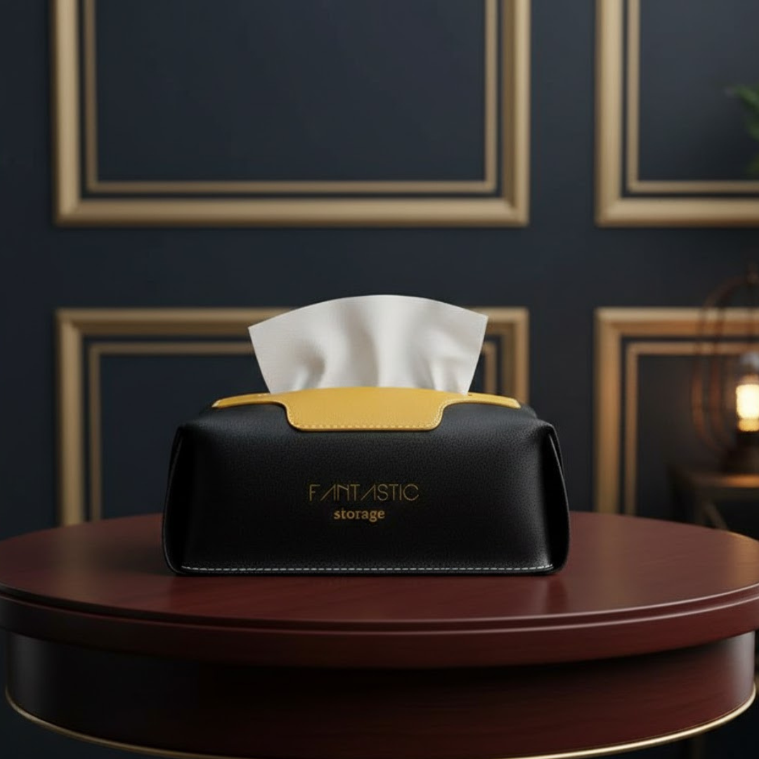 Black Faux Leather Tissue Box Cover – Modern Facial Tissue Holder with Yellow Accent