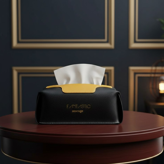 Black Faux Leather Tissue Box Cover – Modern Facial Tissue Holder with Yellow Accent