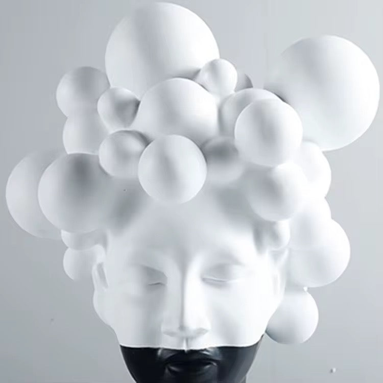 Black and White Female Bust Statue with Bubble Hair - Abstract Surrealist Resin Women Figure, Modern Home Decor Art Accent