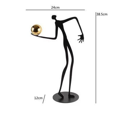 Abstract Metal Figurine Balancing Gold Sphere - Modern Elongated Human Statue for Entryway Console, Luxury Office Desk Decor Accent