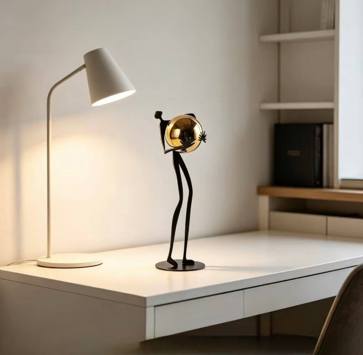 Abstract Metal Figurine with Gold Sphere - Modern Minimalist Human Statue for Living Room TV Stand, Luxury Tabletop Home Decor Accent