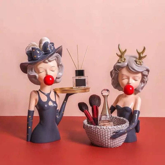 Figurine girl with basket and girl with tray set of 2 pieces