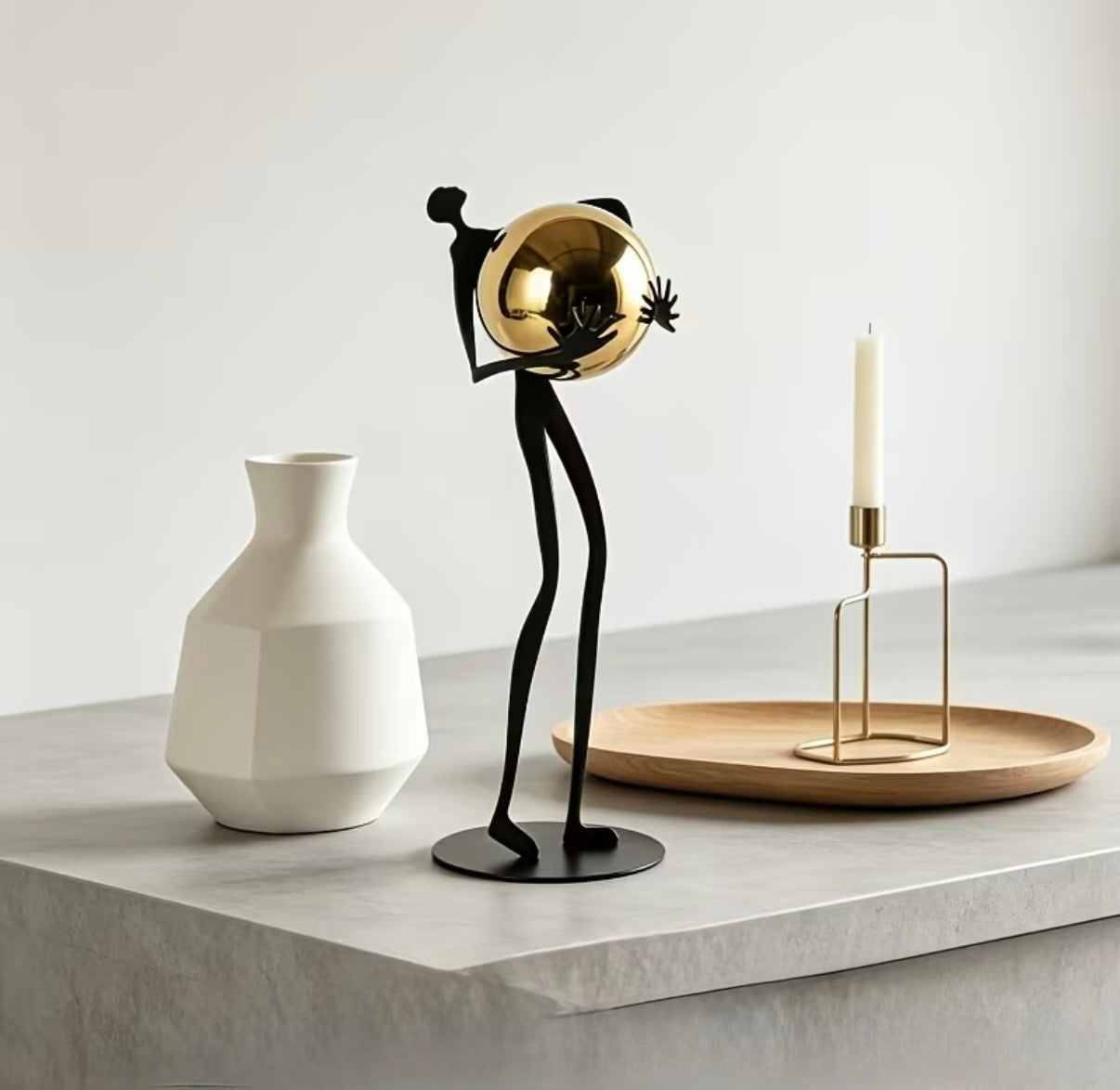 Abstract Metal Figurine with Gold Sphere - Modern Minimalist Human Statue for Living Room TV Stand, Luxury Tabletop Home Decor Accent