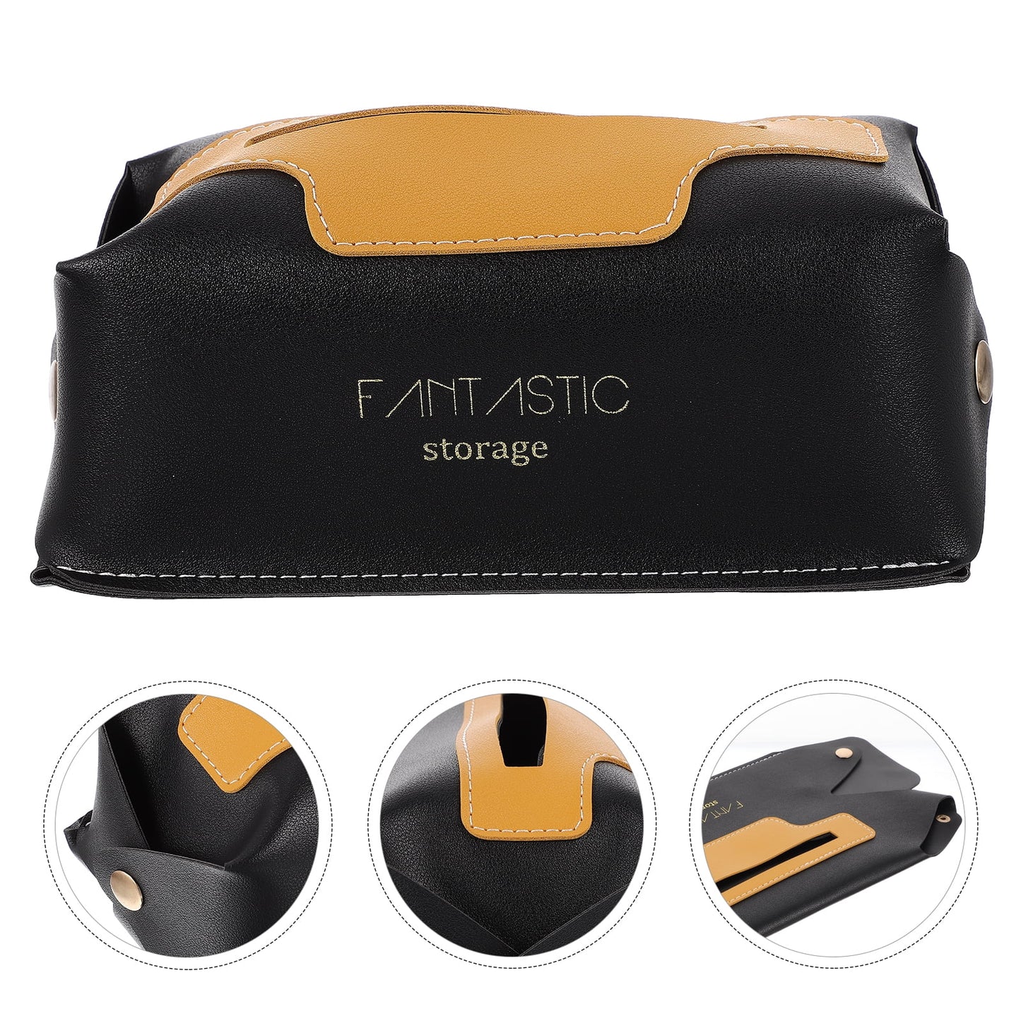 Black Faux Leather Tissue Box Cover – Modern Facial Tissue Holder with Yellow Accent