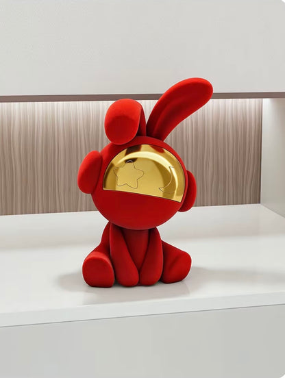 Modern Red Rabbit Astronaut Statue – Nordic Luxury Velvet Bunny Figurine with Gold Mirror Mas