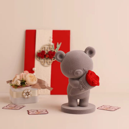 Velvet Flocked Teddy Bear Figurine with Red Rose – Cute 10cm Tabletop Decor, Romantic Gift for Her
