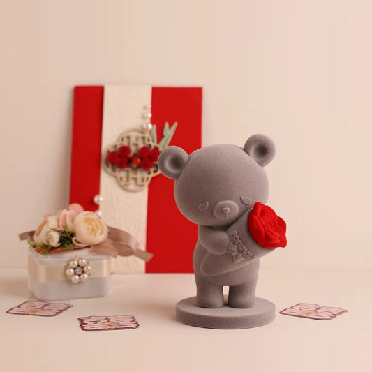 Velvet Flocked Teddy Bear Figurine with Red Rose – Cute 10cm Tabletop Decor, Romantic Gift for Her