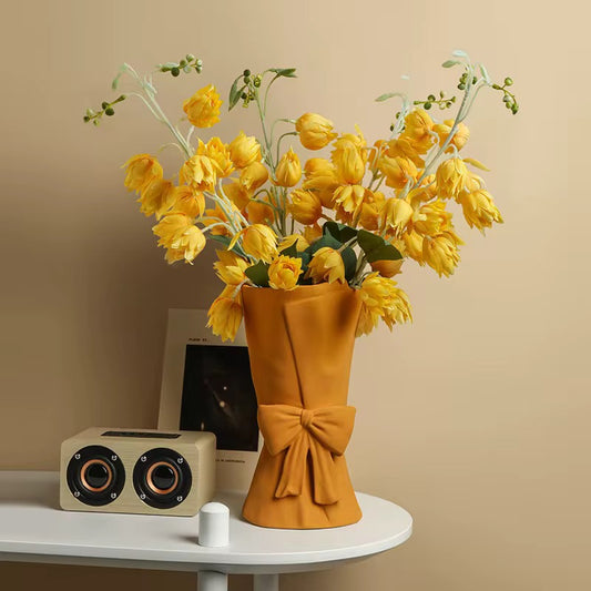 Modern Ceramic Bouquet Flower Vase – Nordic Mustard Yellow Decorative Bow Sculpture