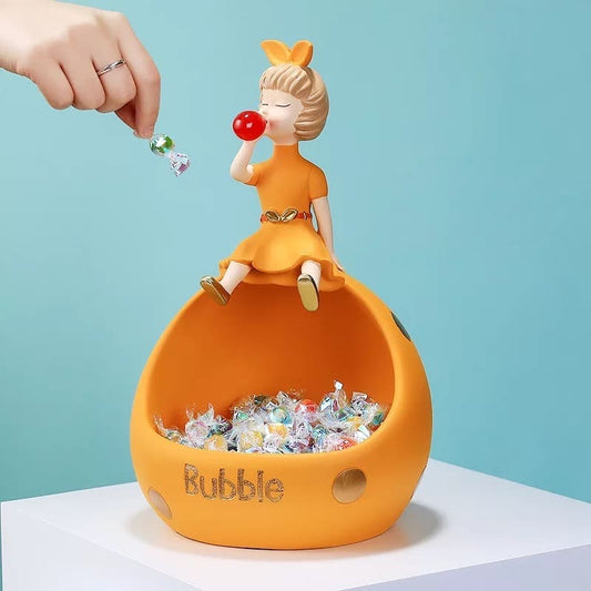Figurine, phone stand girl with gum orange