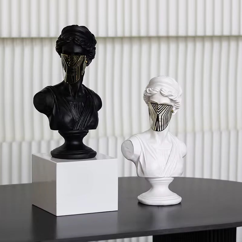 Modern Black Venus Bust Statue with Gold Mask - Luxury Greek Goddess Sculpture for Home Decor, Living Room Tabletop Accent