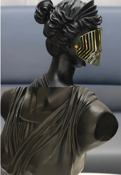Modern Black Venus Bust Statue with Gold Mask - Luxury Greek Goddess Sculpture for Home Decor, Living Room Tabletop Accent