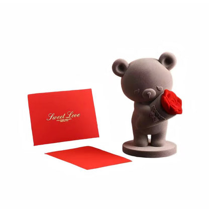 Velvet Flocked Teddy Bear Figurine with Red Rose – Cute 10cm Tabletop Decor, Romantic Gift for Her