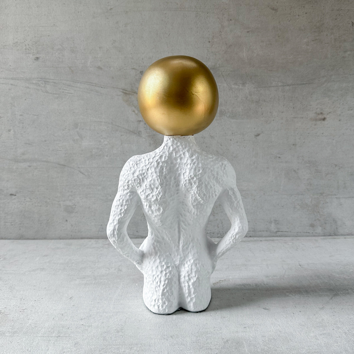 Modern Surrealist Male Bust Statue with Gold Sphere - Nordic Textured White Male Body Sculpture for Luxury Living Room & Office Decor