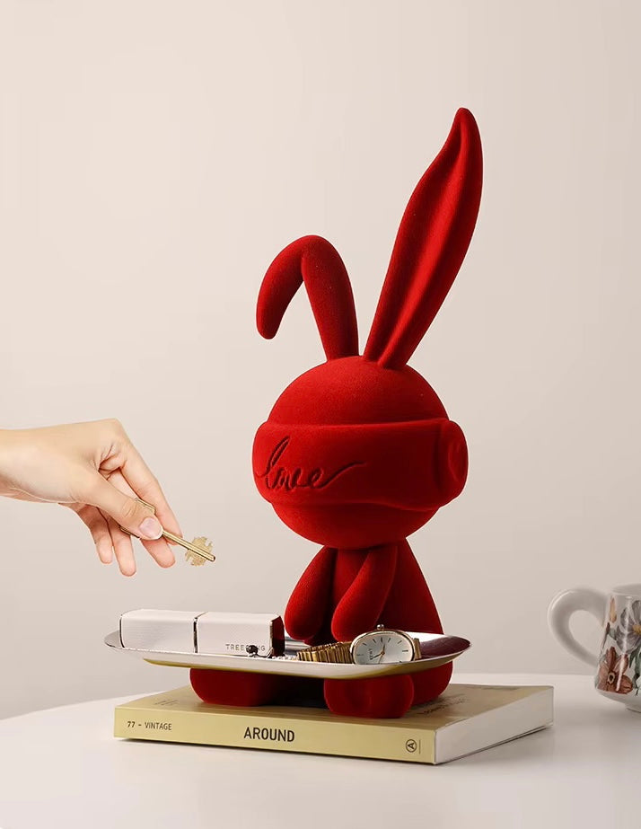 Modern Red Cosmic Bunny Figurine with Stainless Steel Tray – Hypebeast Home Decor