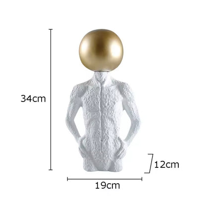 Modern Surrealist Male Bust Statue with Gold Sphere - Nordic Textured White Male Body Sculpture for Luxury Living Room & Office Decor