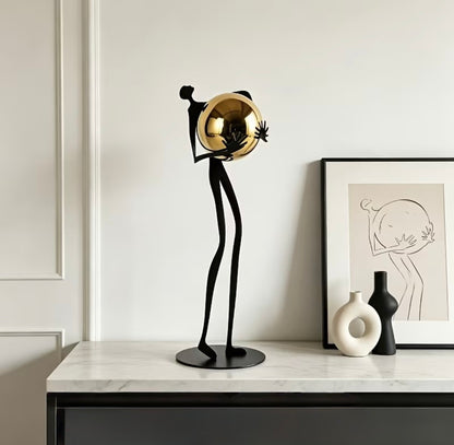 Abstract Metal Figurine with Gold Sphere - Modern Minimalist Human Statue for Living Room TV Stand, Luxury Tabletop Home Decor Accent
