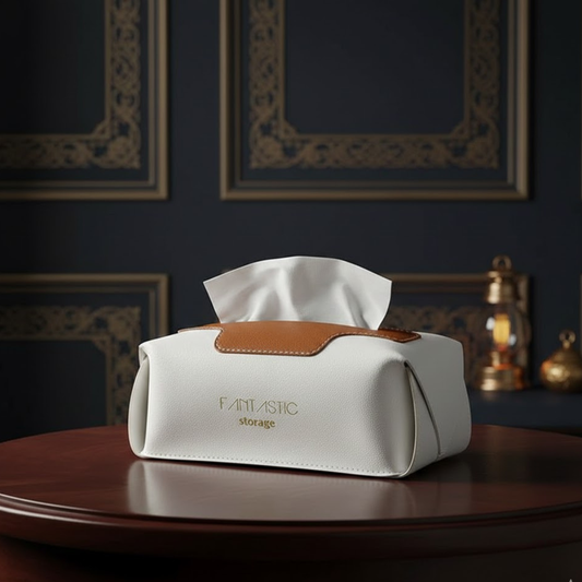 Modern White Faux Leather Tissue Box Cover – Decorative Facial Tissue Holder with Tan Accent