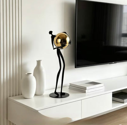 Abstract Metal Figurine with Gold Sphere - Modern Minimalist Human Statue for Living Room TV Stand, Luxury Tabletop Home Decor Accent