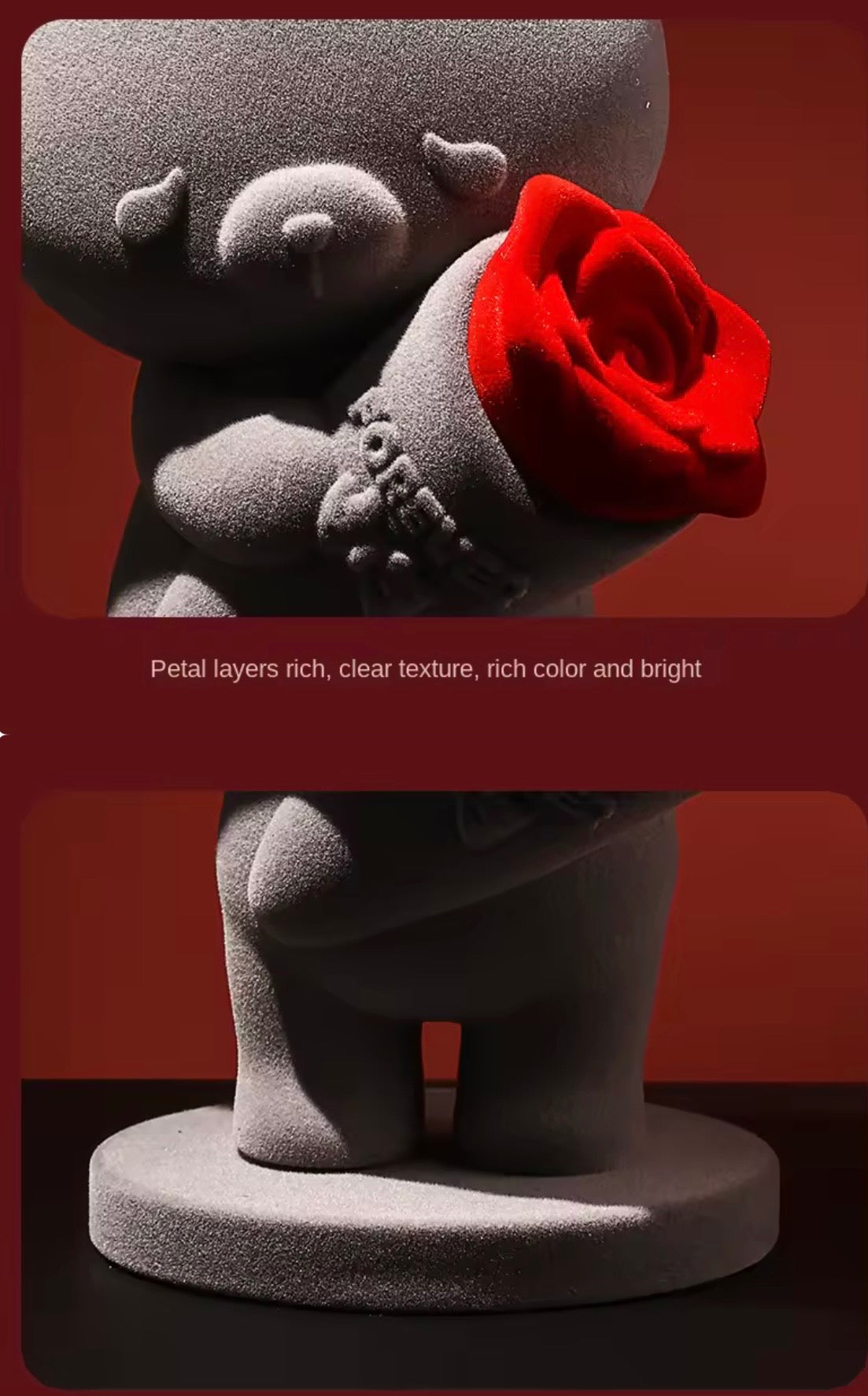Velvet Flocked Teddy Bear Figurine with Red Rose – Cute 10cm Tabletop Decor, Romantic Gift for Her