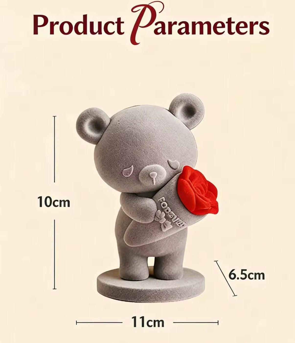 Velvet Flocked Teddy Bear Figurine with Red Rose – Cute 10cm Tabletop Decor, Romantic Gift for Her