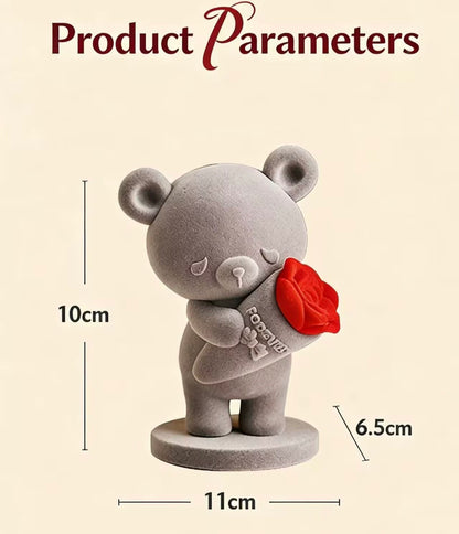 Velvet Flocked Teddy Bear Figurine with Red Rose – Cute 10cm Tabletop Decor, Romantic Gift for Her
