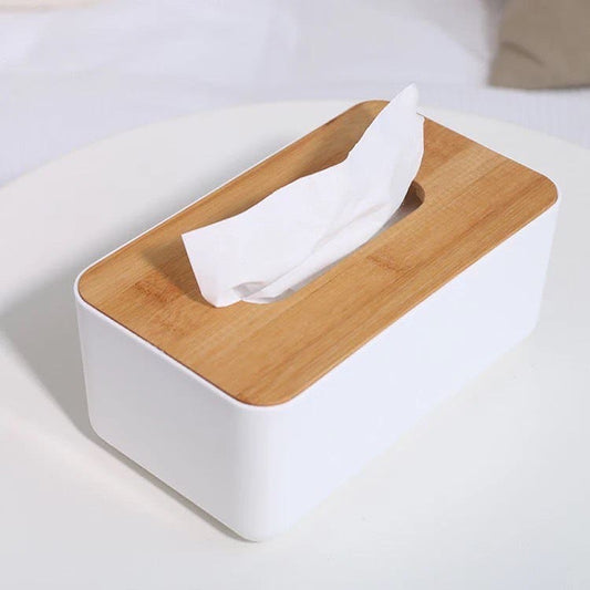 White plastic napkin holder with bamboo lid