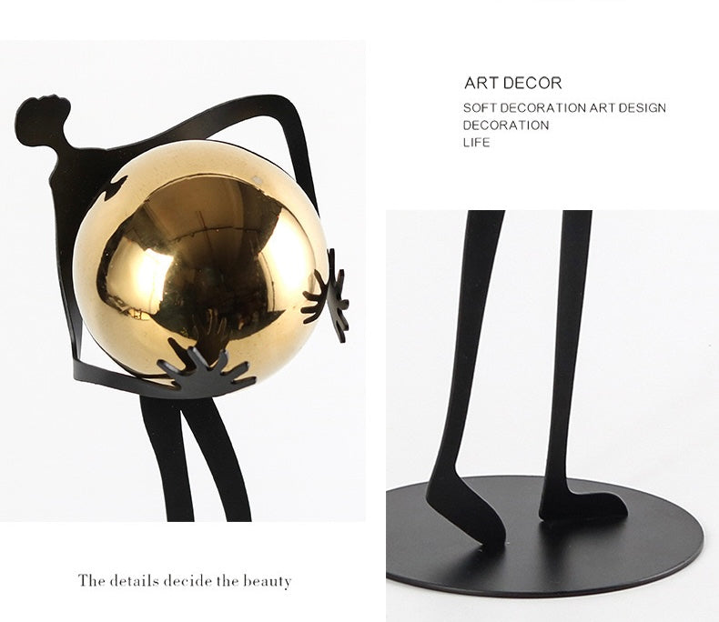 Abstract Metal Figurine with Gold Sphere - Modern Minimalist Human Statue for Living Room TV Stand, Luxury Tabletop Home Decor Accent