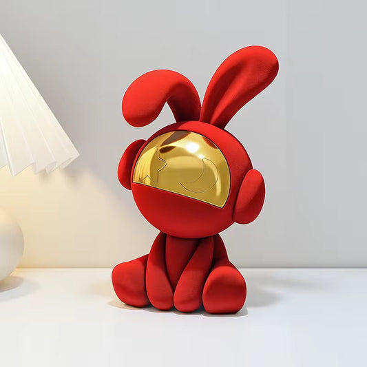 Modern Red Rabbit Astronaut Statue – Nordic Luxury Velvet Bunny Figurine with Gold Mirror Mas