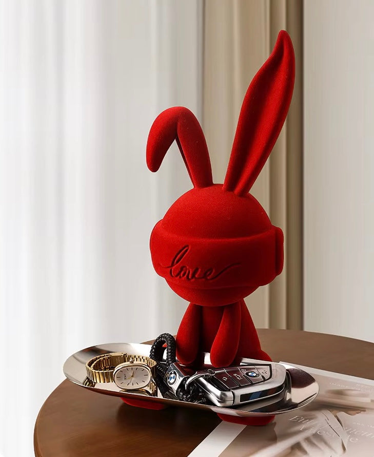 Modern Red Cosmic Bunny Figurine with Stainless Steel Tray – Hypebeast Home Decor