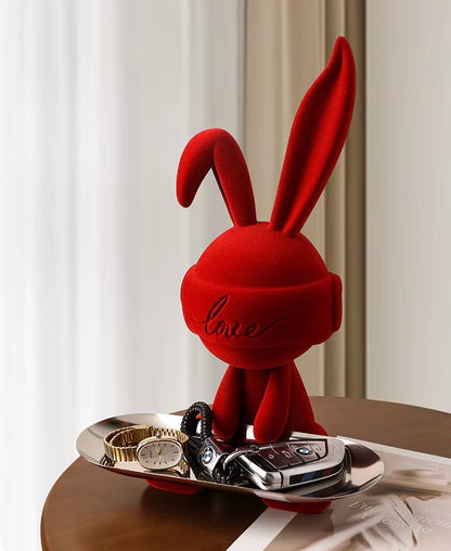Modern Red Cosmic Bunny Figurine with Stainless Steel Tray – Hypebeast Home Decor