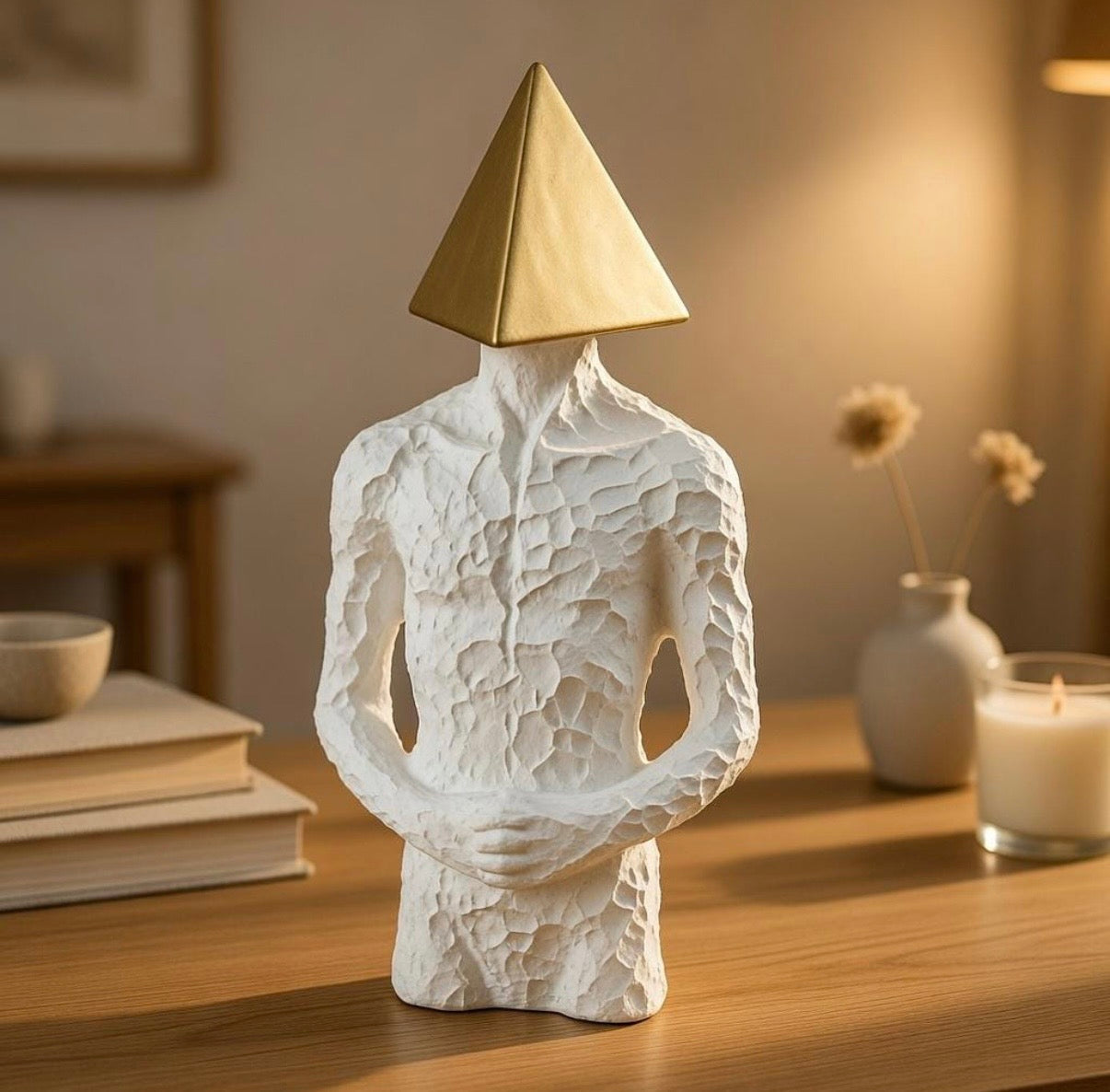 Gold Pyramid Head Male Bust Statue - Nordic White Resin Textured Body Figurine, Modern Home Decor Accent