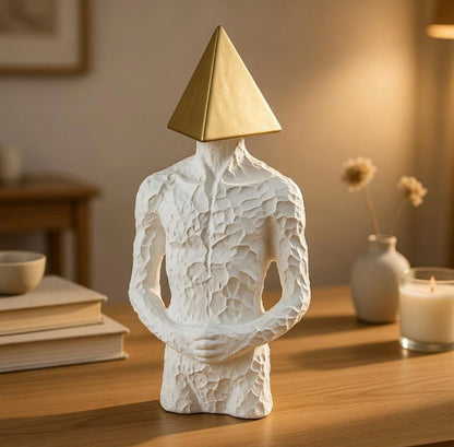 Gold Pyramid Head Male Bust Statue - Nordic White Resin Textured Body Figurine, Modern Home Decor Accent