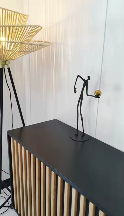 Abstract Metal Figurine Balancing Gold Sphere - Modern Elongated Human Statue for Entryway Console, Luxury Office Desk Decor Accent
