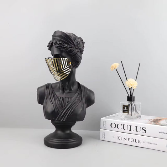 Modern Black Venus Bust Statue with Gold Mask - Luxury Greek Goddess Sculpture for Home Decor, Living Room Tabletop Accent