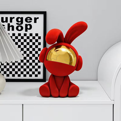 Modern Red Rabbit Astronaut Statue – Nordic Luxury Velvet Bunny Figurine with Gold Mirror Mas
