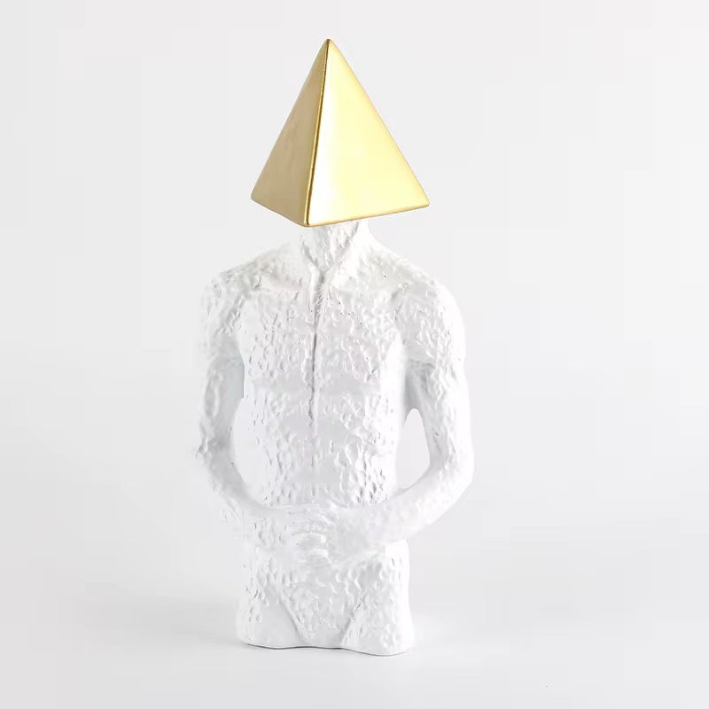 Gold Pyramid Head Male Bust Statue - Nordic White Resin Textured Body Figurine, Modern Home Decor Accent