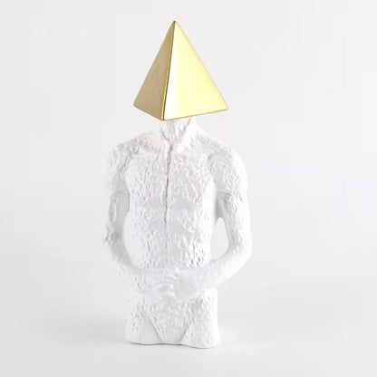 Gold Pyramid Head Male Bust Statue - Nordic White Resin Textured Body Figurine, Modern Home Decor Accent