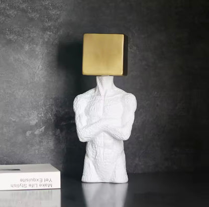 Modern Surrealist Male Bust Statue with Gold Cube - Nordic Textured White Male Body Sculpture for Luxury Living Room & Office Decor