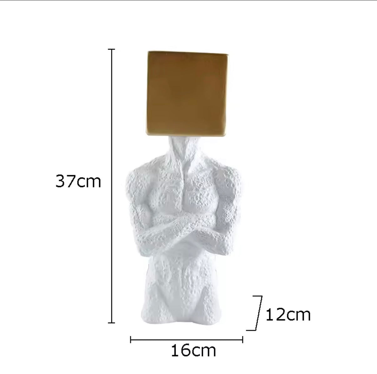Modern Surrealist Male Bust Statue with Gold Cube - Nordic Textured White Male Body Sculpture for Luxury Living Room & Office Decor