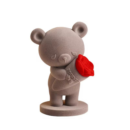 Velvet Flocked Teddy Bear Figurine with Red Rose – Cute 10cm Tabletop Decor, Romantic Gift for Her