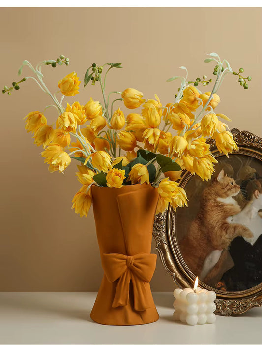 Modern Ceramic Bouquet Flower Vase – Nordic Mustard Yellow Decorative Bow Sculpture