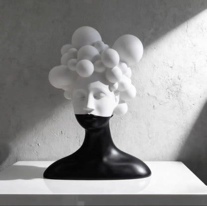 Black and White Female Bust Statue with Bubble Hair - Abstract Surrealist Resin Women Figure, Modern Home Decor Art Accent