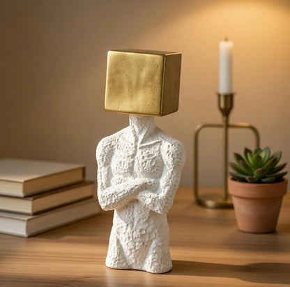 Modern Surrealist Male Bust Statue with Gold Cube - Nordic Textured White Male Body Sculpture for Luxury Living Room & Office Decor