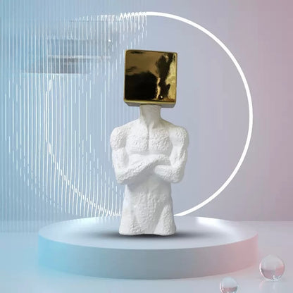Modern Surrealist Male Bust Statue with Gold Cube - Nordic Textured White Male Body Sculpture for Luxury Living Room & Office Decor