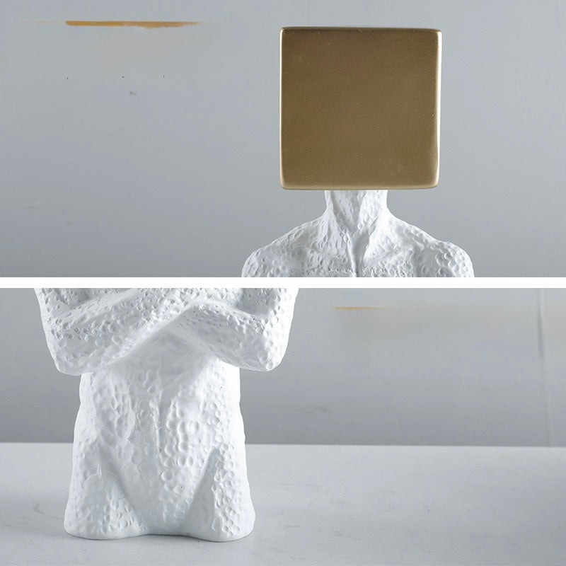 Modern Surrealist Male Bust Statue with Gold Cube - Nordic Textured White Male Body Sculpture for Luxury Living Room & Office Decor