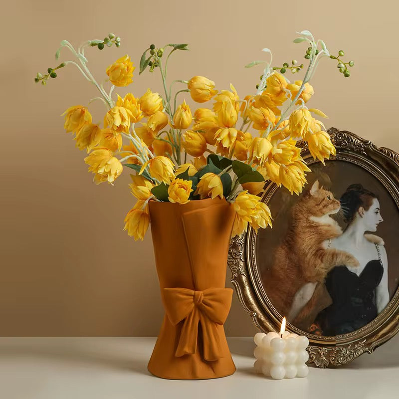 Modern Ceramic Bouquet Flower Vase – Nordic Mustard Yellow Decorative Bow Sculpture