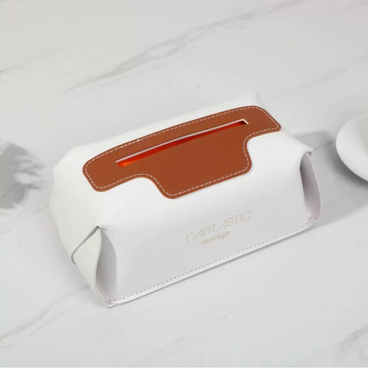 Modern White Faux Leather Tissue Box Cover – Decorative Facial Tissue Holder with Tan Accent